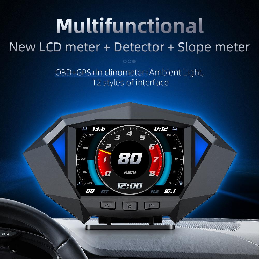 P1 HUD Проекционный дисплей OBD2 GPS Двойная система Цифровой спидометр Компьютер для вождения Измеритель наклона наклона чёрный