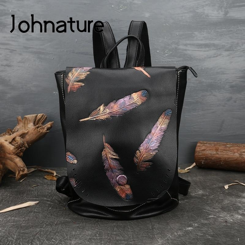 Рюкзак Johnature в стиле ретро с тиснением первого слоя из коровьей кожи, женская сумка большой вместимости для отдыха, однотонные дорожные рюкзаки чёрный