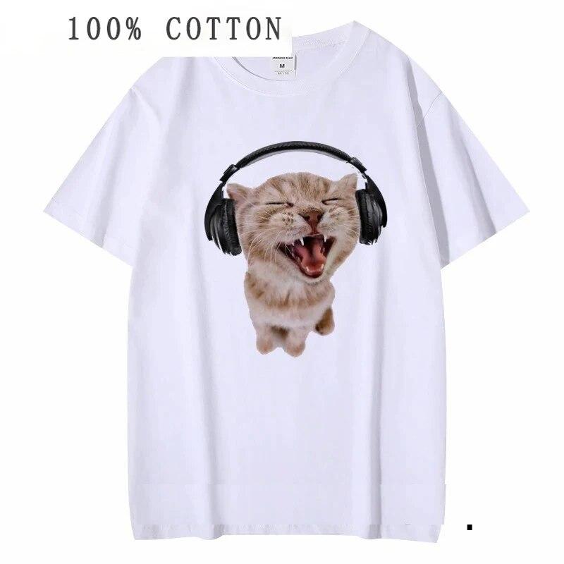 Kawaii Котенок с наушниками Топы с принтом Женская хлопковая футболка с коротким рукавом Женская футболка Camisetas Mujer Одежда унисекс L