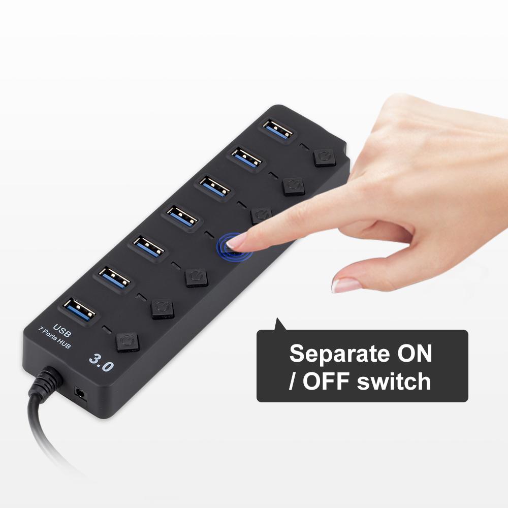 Разветвитель USB 3.0 HUB, 7 портов с переключателями включения/выключения, высокоскоростной микро-разветвитель 5 Гбит/с