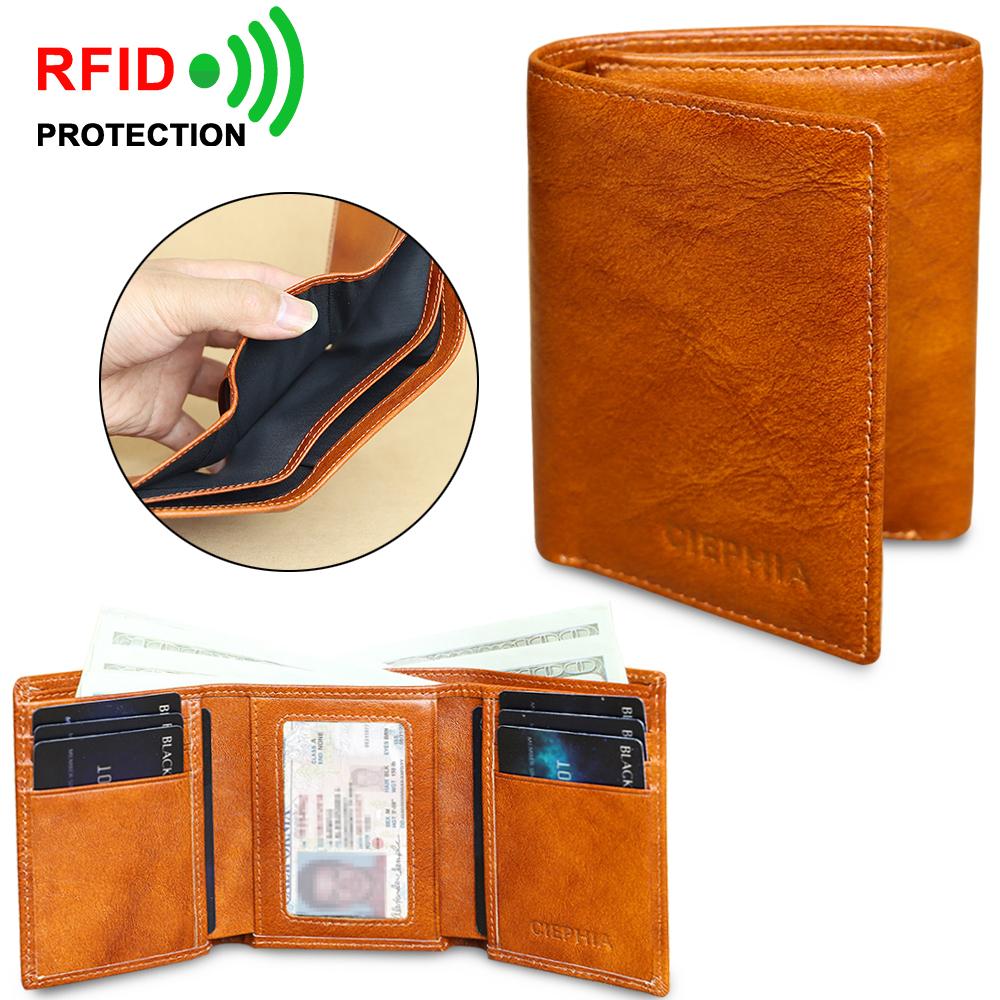 Мужские кошельки из натуральной кожи, тройное сложение, RFID-блокировка, винтажный кошелек из воловьей кожи с окошком для удостоверения личности, 8 слотов для карт, 2 глубоких кармана для денег, сумка для денег темно-коричневого