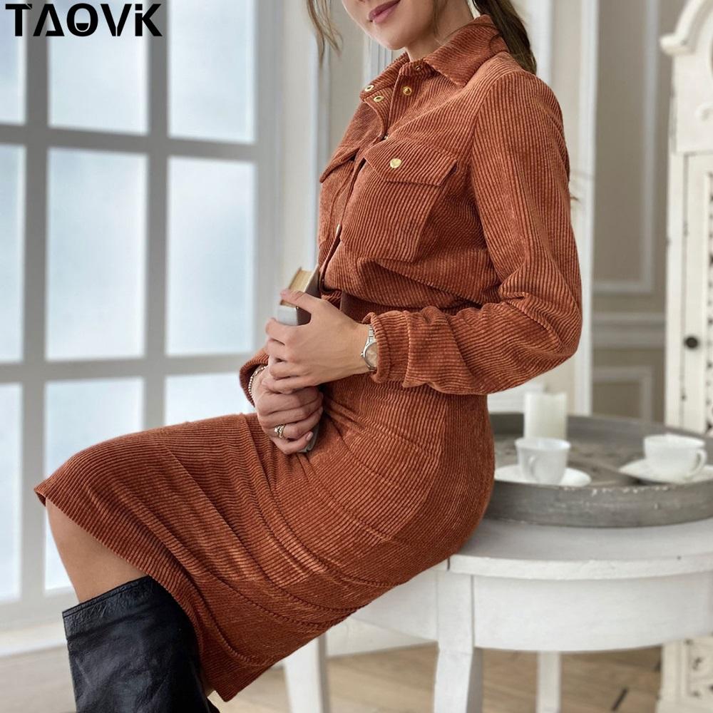Костюмы с юбками TAOVK Комплект женской одежды, полосатая вельветовая юбка, костюм, рубашка с лацканами + юбка, костюм из 2 предметов S оранжевый