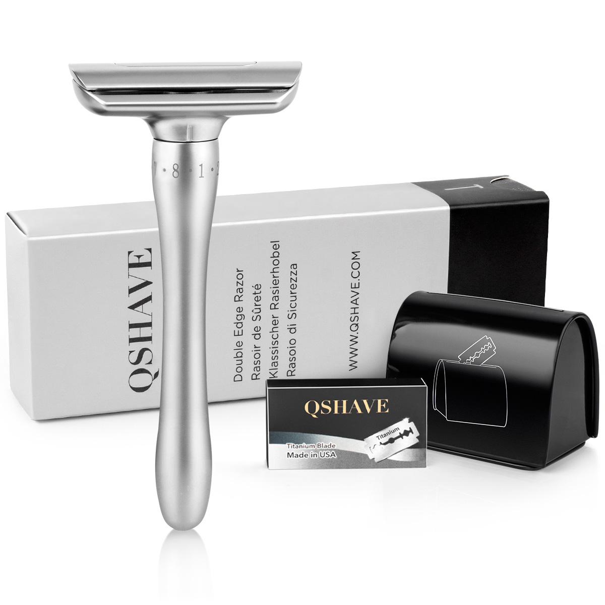 QShave Adjustable Safety Razor with Magnetic Cover 1 Razor 1 Blade Disposal Case & 5 blades серебряный