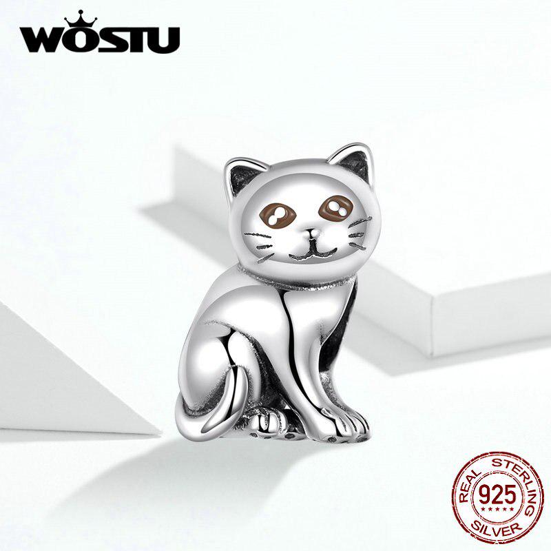 Аутентичные 925 пробы серебра WOSTU, милые маленькие милые бусины в виде котенка, подходят для оригинального браслета Chram HCC2505
