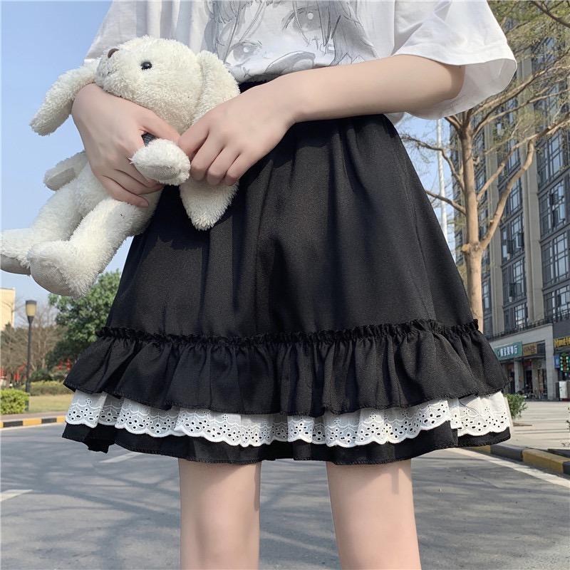 Мини-юбки женские с кружевными рюшами в японском стиле Kawaii One Size чёрный