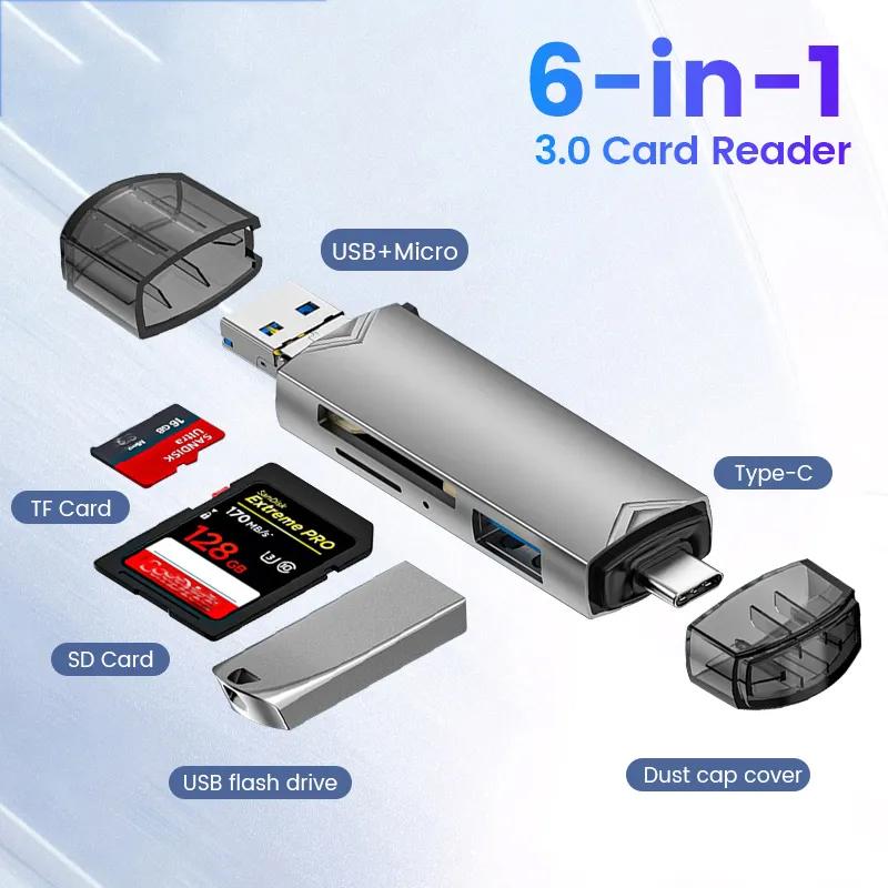 Кардридеры  Joom Многофункциональное устройство чтения карт 6 в 1 USB 3.0 к адаптеру Micro OTG Type C с поддержкой TF SD-карты USB-флеш-накопитель для ноутбуков, телефонов и планшетов Android серый