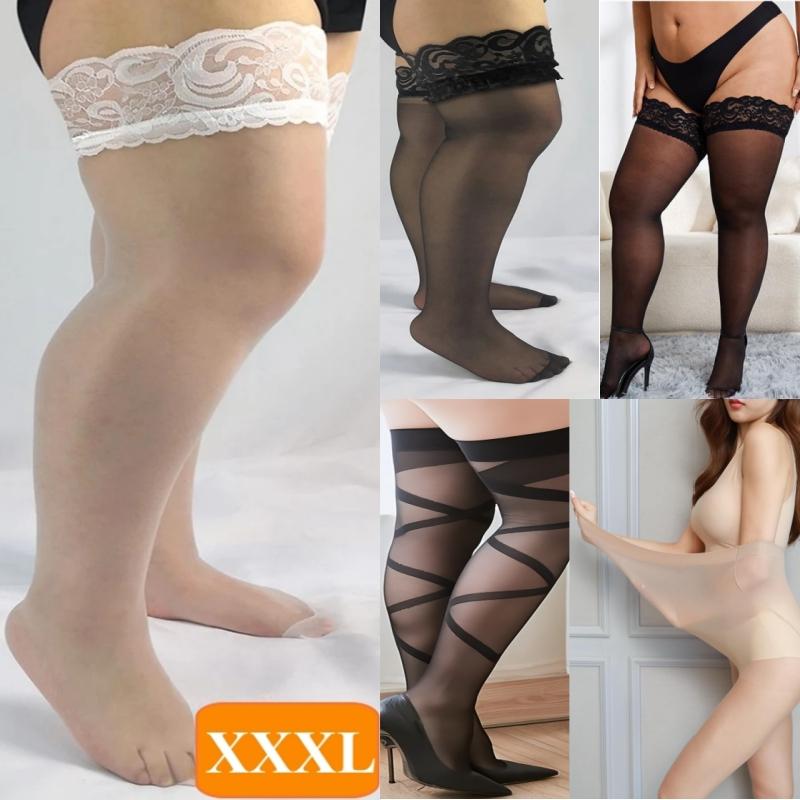 Женские толстые колготки XXXL, кружевные чулки размера плюс, высокие кружевные чулки до бедра A1-Black