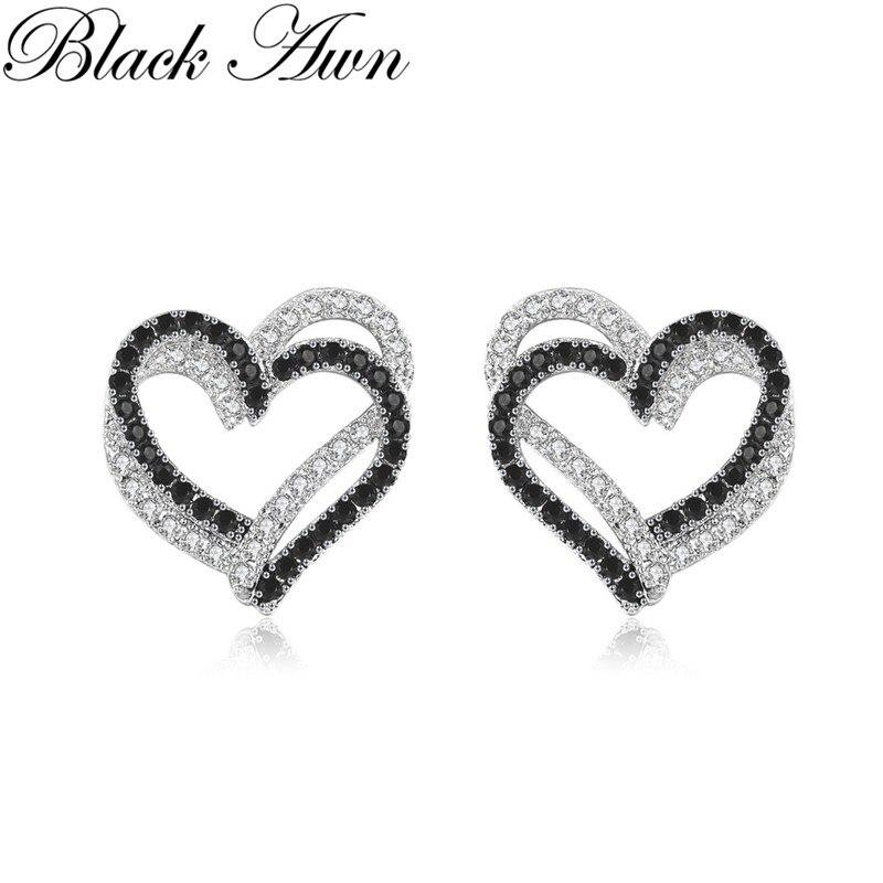 BLACK AWN Серьги-гвоздики с черным камнем в форме сердца