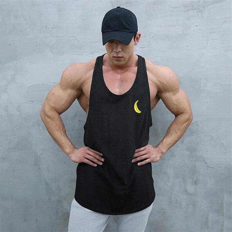 Muscleguys с принтом банана, мужская сетка Yback, тренировочная одежда, майки с v-образным вырезом, спортивный повседневный модный жилет, майки, мужской топ без рукавов для тренажерного зала M чёрный