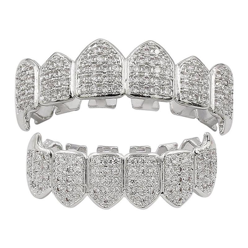 Украшения и бижутерия  Joom Хип-хоп GRILLZ Iced Out AAA Fang Mouth Teeth Grillz Caps Top Bottom Grill Set Вампирские грили золотой