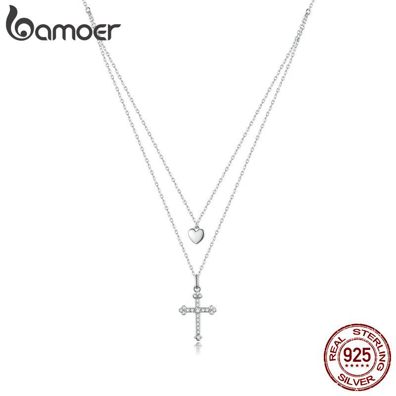 Bamoer 925 пробы серебряный крест с сердечком из платины CZ кулон ожерелье для женщин цепи ожерелья ювелирные изделия 925 silver