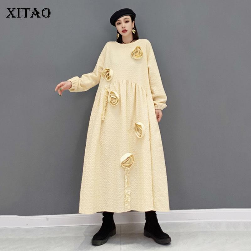   Joom XITAO осеннее новое корейское платье модное свободное длинное однотонное трехмерное цветочное украшение повседневное женское WMD3784 One Size жёлтый