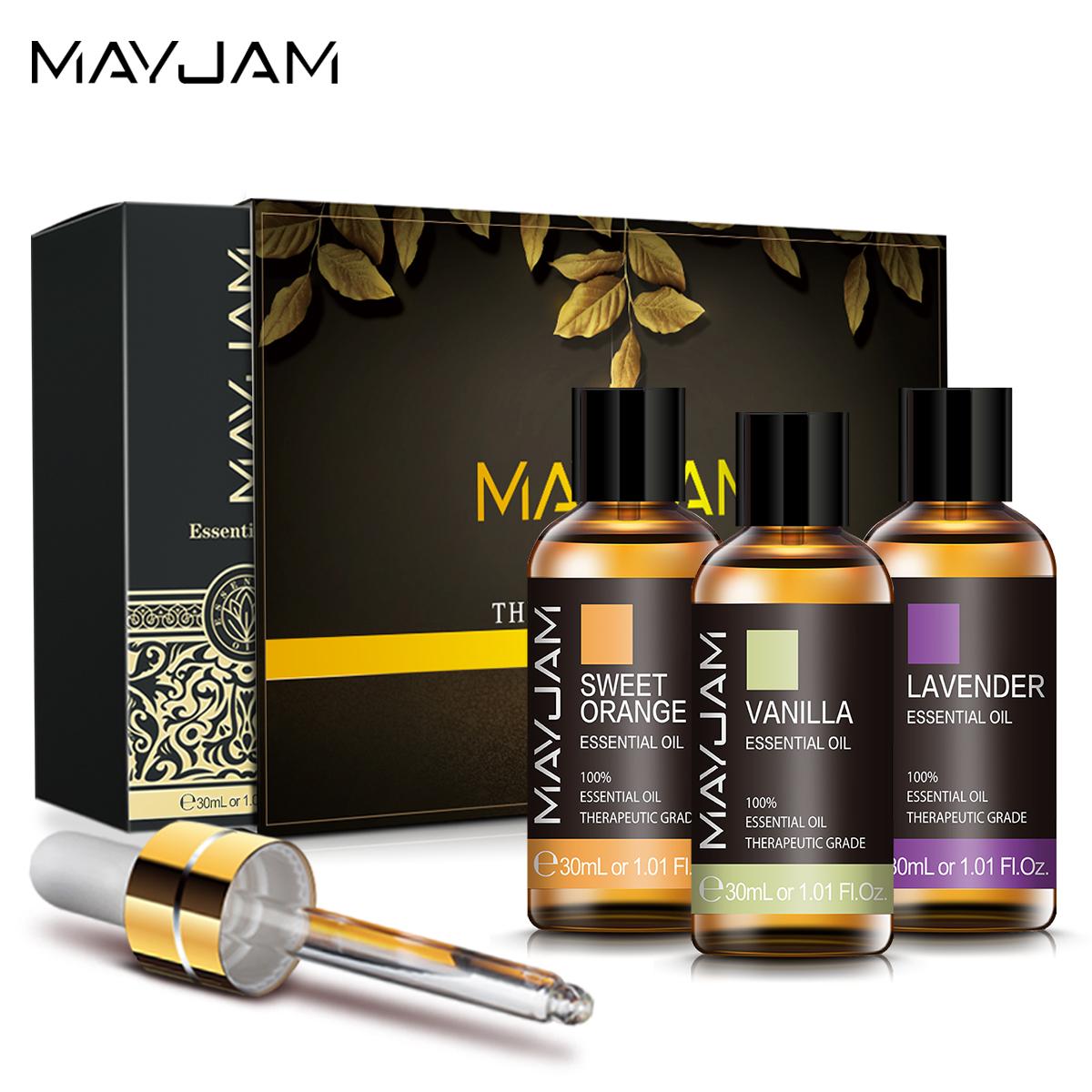 MAYJAM 3 шт., чистые эфирные масла, наборы для ароматерапии, подарочная коробка, 30 мл, лаванда, ваниль, эвкалипт, диффузор сладкого апельсина, арома-масло для очистки воздуха Uplift Mood Collection