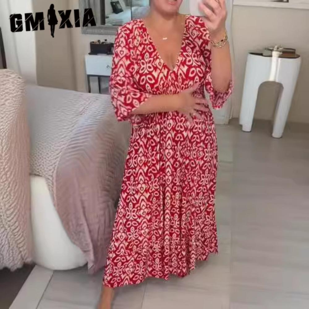 GMXIA Женские модные летние весенние свободные повседневные платья с цветочным принтом и рукавом 1/2 с v-образным вырезом S красный