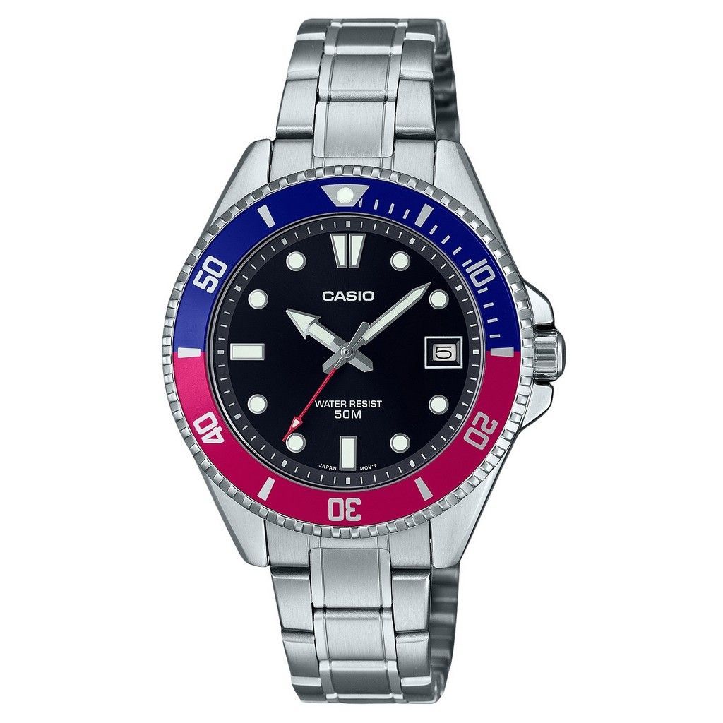 Стандартные аналоговые кварцевые мужские часы Casio Pepsi из нержавеющей стали с черным циферблатом MDV-10D-1A3 чёрный