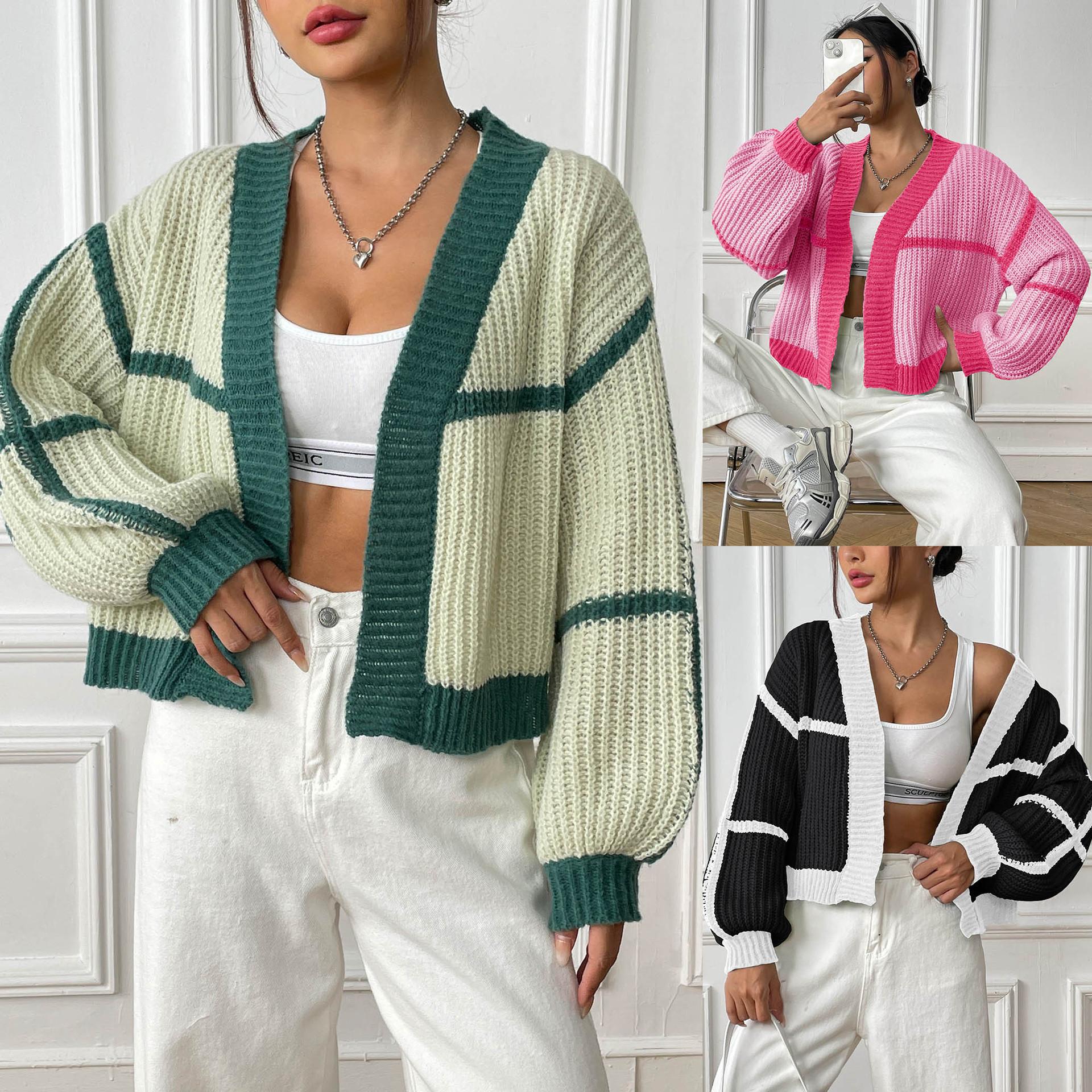 Женский кардиган осенне-зимняя куртка Collision Splicing Short Section Casual Loose Woven Jumper L чёрный