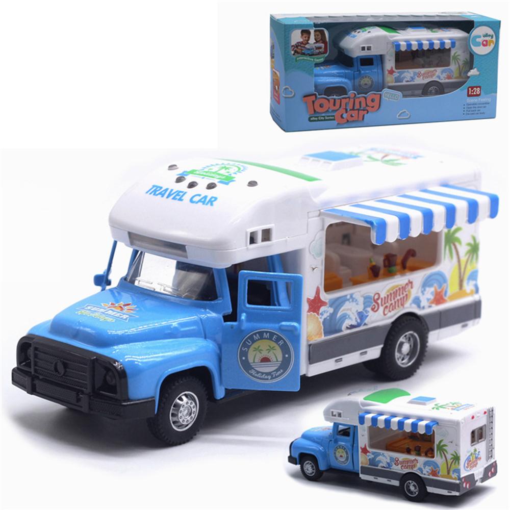 Имитация дома на колесах 1/28, классический игрушечный караван Happy Travel RV со звуком и светом, металлические игрушечные наборы с откатным транспортным средством 1/28-Size:16*6.8*6cm синий