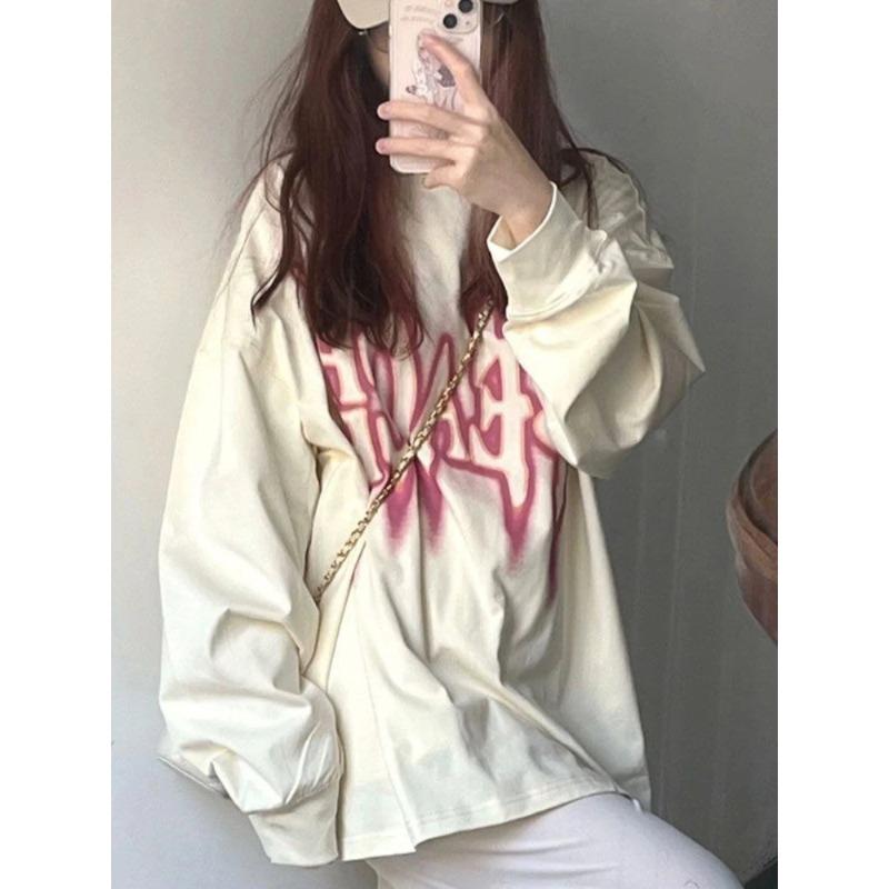 Harajuku Y2k женские футболки с надписью и графикой, милая повседневная футболка большого размера с длинными рукавами, корейская модная уличная одежда, женские топы M абрикосовый