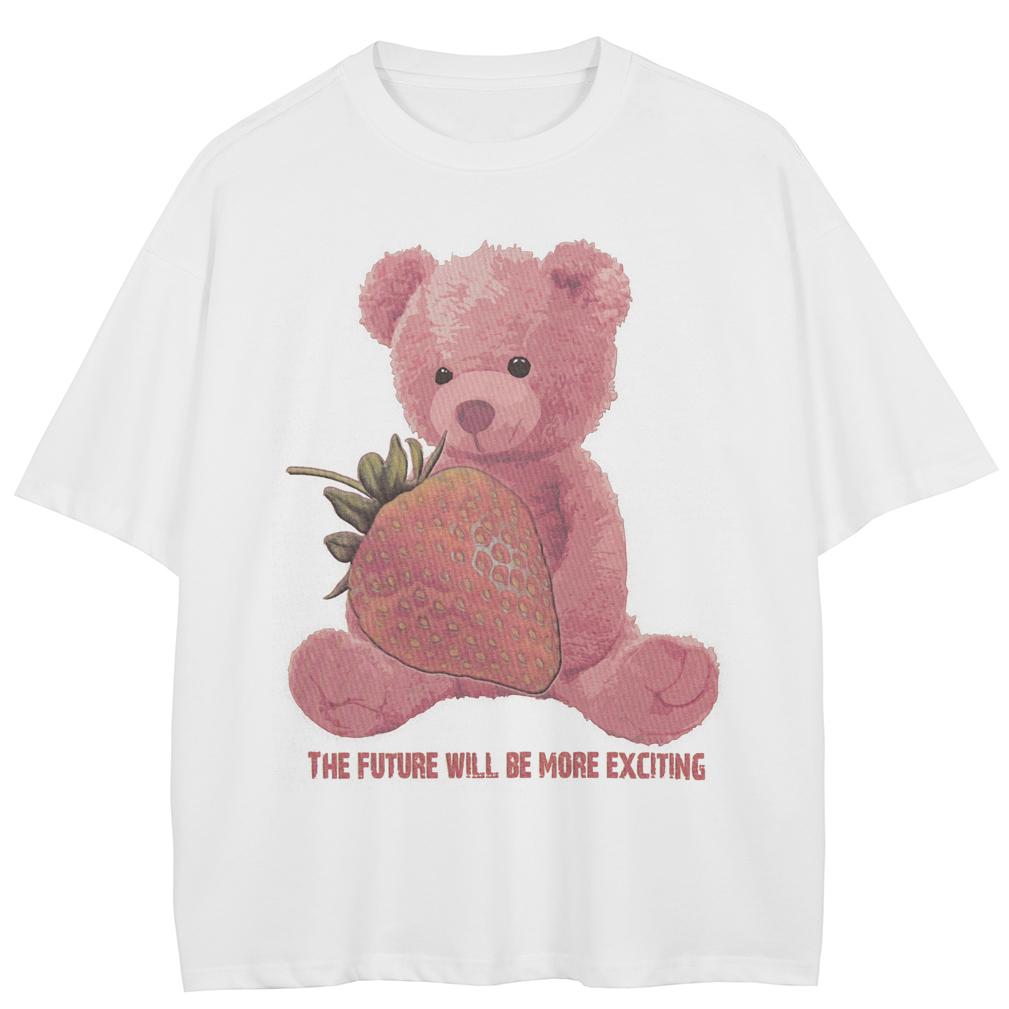 Уличная футболка с рисунком Starwberry Bear, хлопковые топы унисекс, футболки, летняя футболка с короткими рукавами M белый