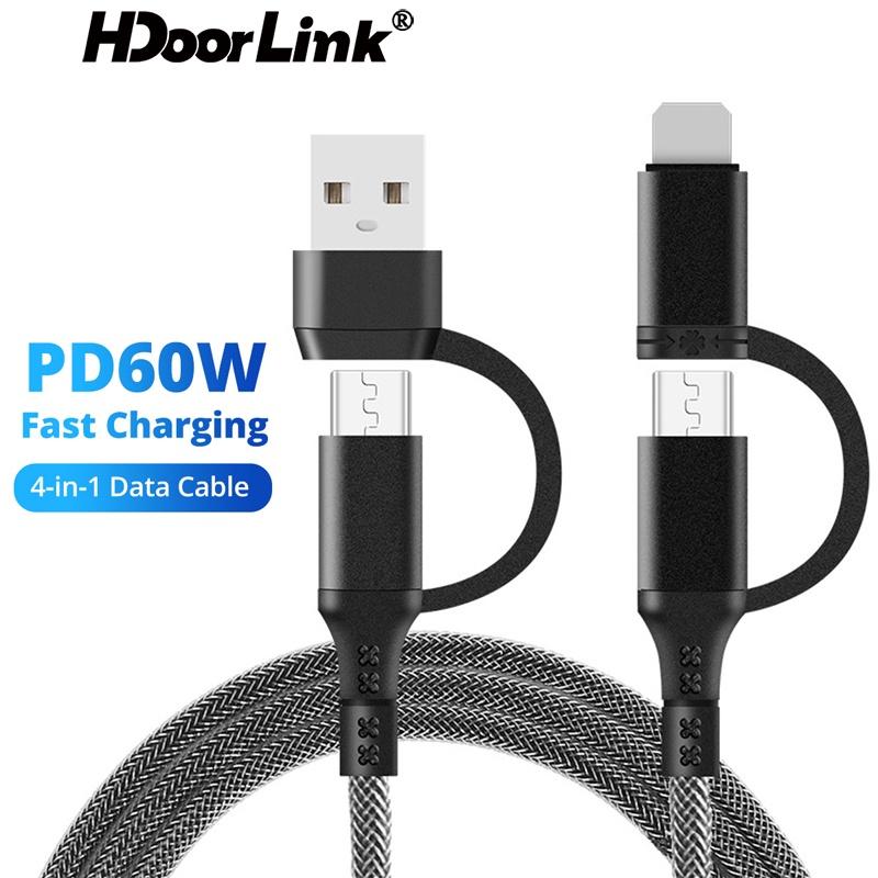 USB-кабель HdoorLink 4 в 1 PD60W/20W USB C-кабель Lightning для iphone 15 14 13 12 11 Pro, зарядное устройство для быстрой зарядки типа C для Samsung, кабель для даты чёрный