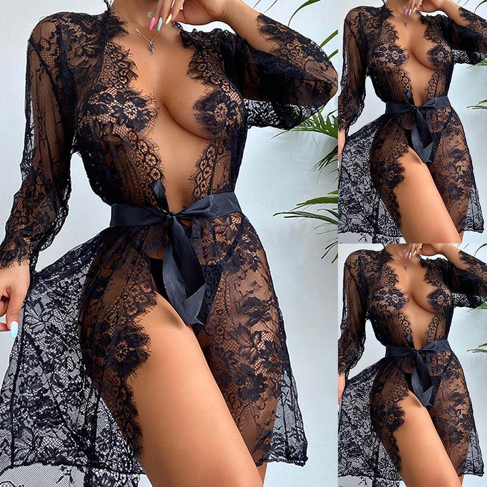 Женское кружевное ночное белье Babydoll стринги пижамы платье кимоно халат M чёрный