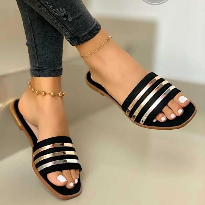 fashion Shoes for Ladies Summer Women s Slippers Sequin Flat Square Heels Outdoor Beach Shoes Zapatos Mujer 35 бежевый