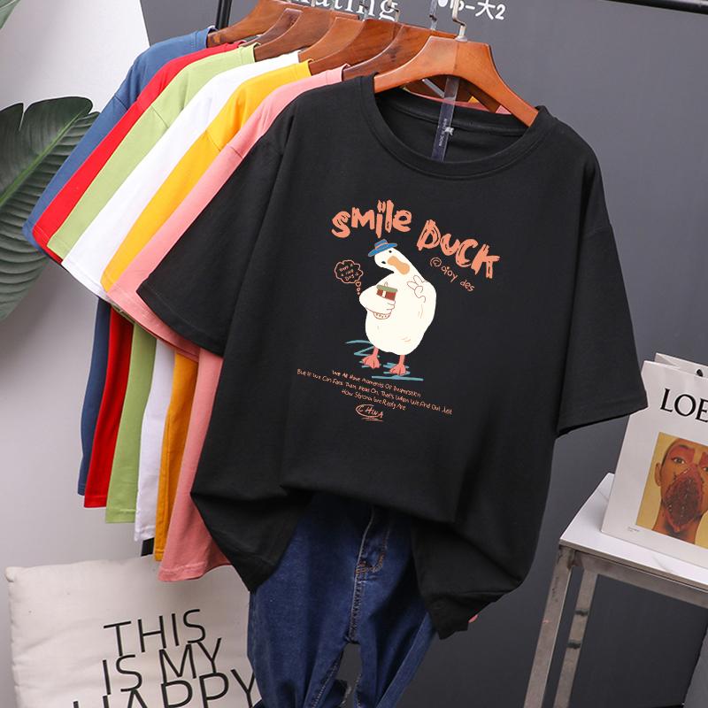 Футболка с короткими рукавами и принтом Smile Duck, женские хлопковые футболки с круглым вырезом, свободные футболки с героями мультфильмов Kawaii M чёрный