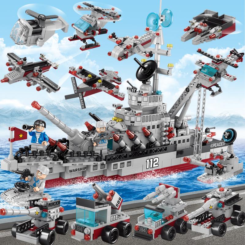 651PCS 8in1 Navy Aircraft Carrier Building Blocks Policeman Robot Car Helicopter Model Bricks Toys for Children Navy Warship-651Pcs