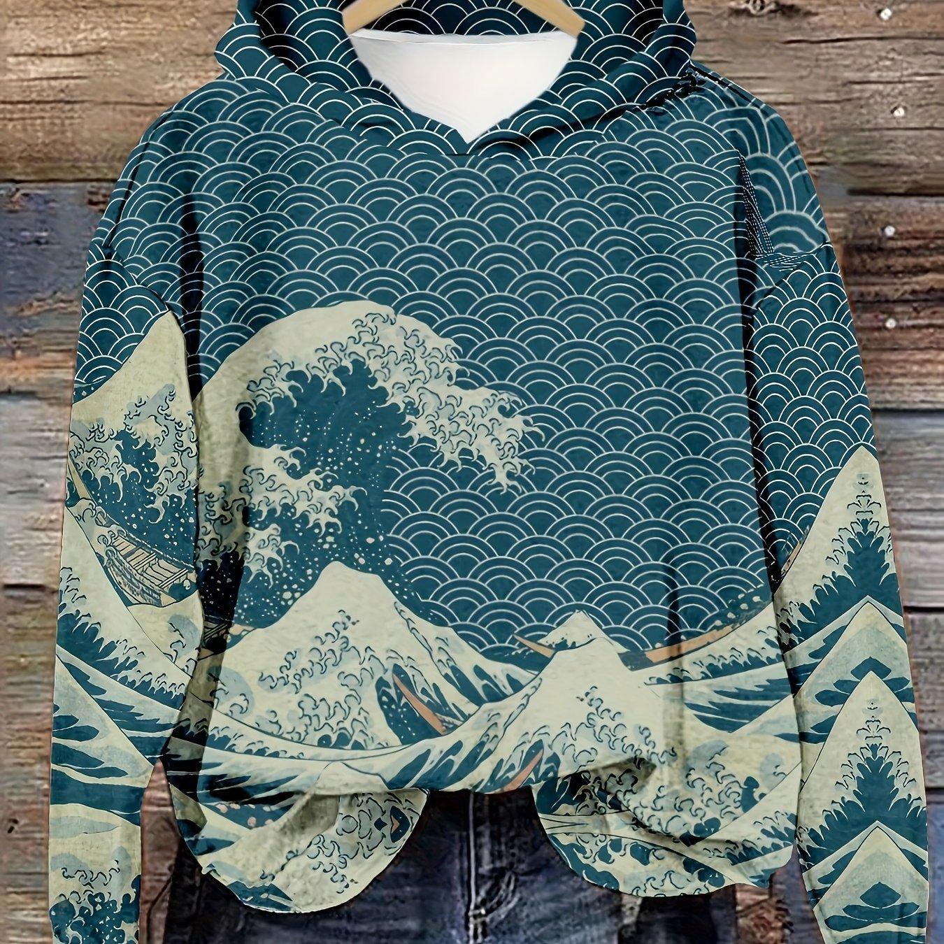 Толстовка с капюшоном Great Wave Print в винтажном стиле, повседневная весенняя одежда - женская свободная толстовка с капюшоном обычного кроя S
