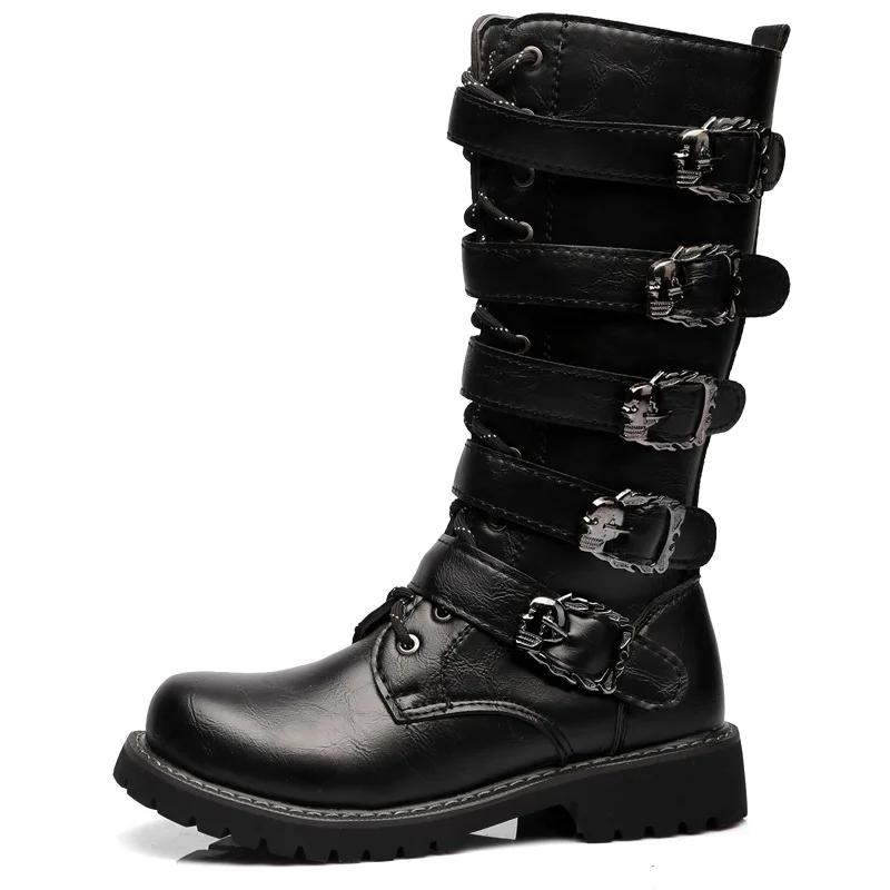 мода Мужские кожаные мотоциклетные ботинки Ботинки Combat Boots длиной до середины голени Ботинки Gothic Belt Punk Boots Мужская обувь Boot Botas Hombre 37 чёрный