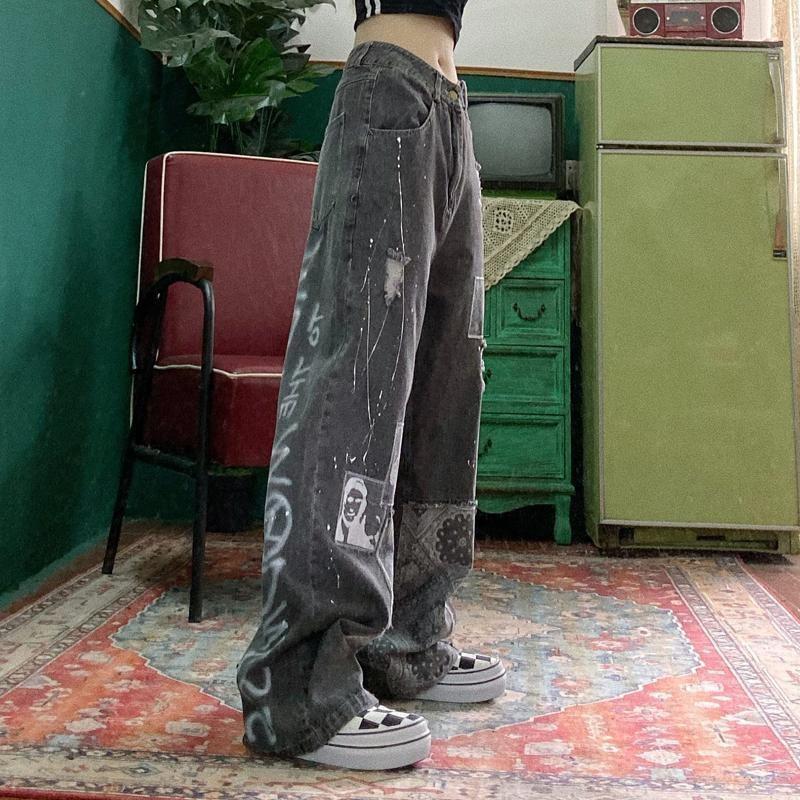 Крутые женские свободные винтажные женские брюки, модные женские мешковатые джинсы в стиле Харадзюку, женские брюки, повседневные забавные готические брюки, летние джинсы L чёрный