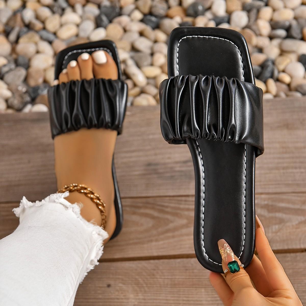 мода Zapatos Mujer Tendencia женские плоские шлепанцы тапочки летние стильные квадратные плиссированные сандалии для женщин повседневные шлепанцы сплошной цвет 39 чёрный