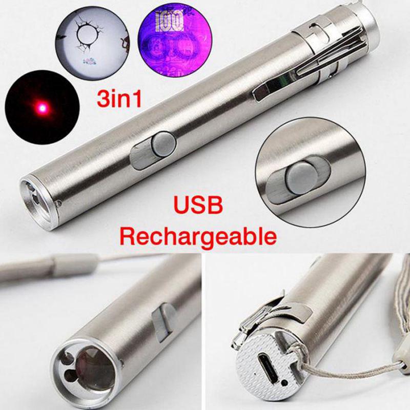 Проекторы 3 In1 Mini USB перезаряжаемый светодиодный лазерный УФ-фонарик-ручка-фонарик Многофункциональная лампа-вспышка серебряный