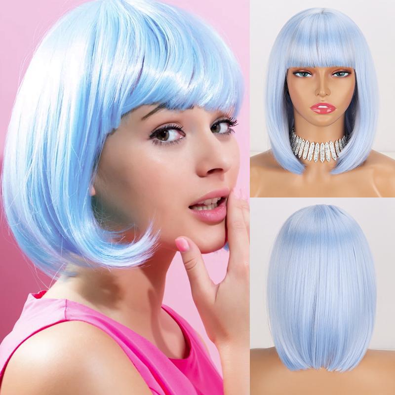 Цветные парики LISI HAIR Светло-голубой цвет Короткий прямой парик Боб с челкой Синтетическое волокно Косплей Светлый цвет Женская мода Длиной до плеч Парик Боб 1B