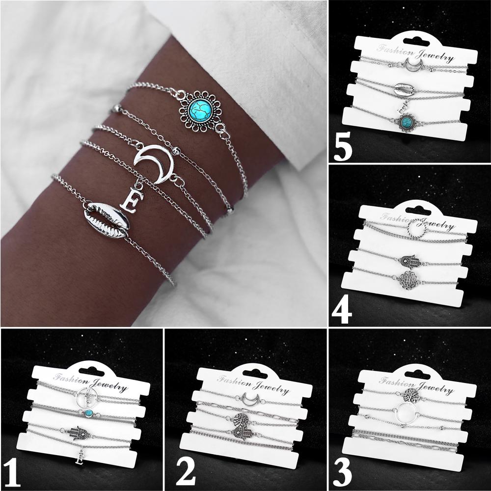 Женская мода Многослойные наборы браслетов Boho Moon Letter Браслеты с подвесками Пляжные ювелирные изделия Подарки 1