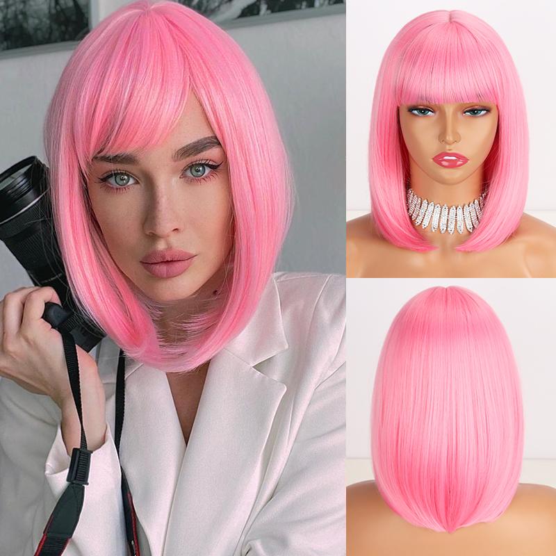 MERISIHAIR женский модный розовый цвет короткий прямой парик боб с челкой из синтетического волокна черный, розовый, белый, фиолетовый цвет, парик для косплея 1B