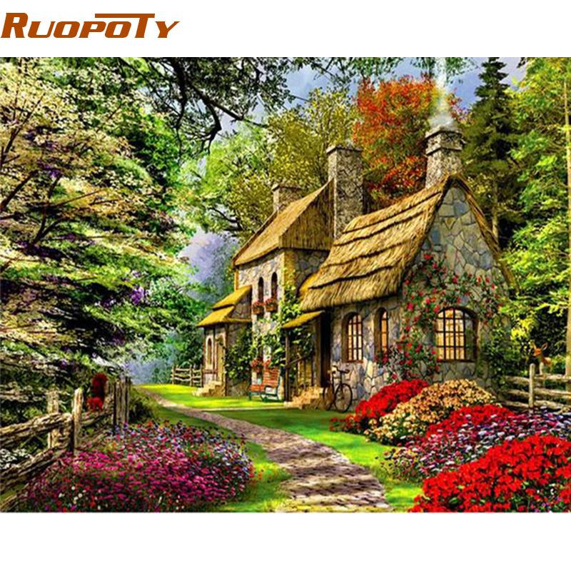 RUOPOTY рамка Зеленый дом DIY картина по номерам акриловая краска по номерам домашняя настенная художественная картина уникальный подарок 40x50 см произведение искусства 40x50CM NO Frame
