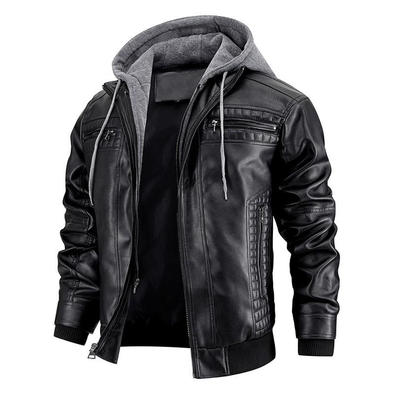 Мужская кожаная куртка мотоцикла Slim Fit с капюшоном из искусственной кожи Верхняя одежда осень-зима Повседневная ветрозащитная мужская одежда S коричневый