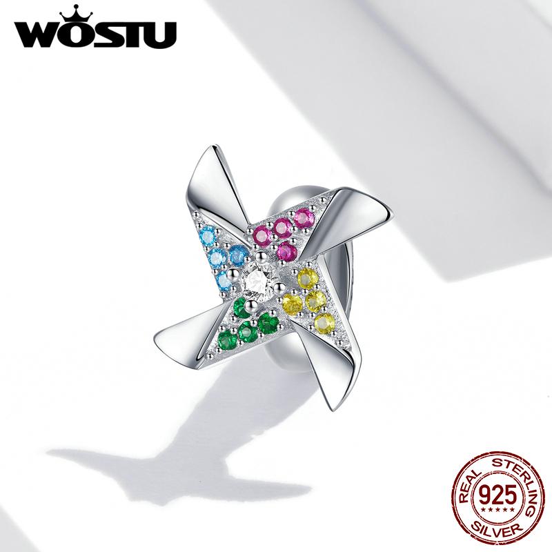 WOSTU 925 пробы из стерлингового серебра с блестящим цирконом, ослепительная подвеска в виде ветряной мельницы, подходит для браслетов диаметром 3 мм 925 silver