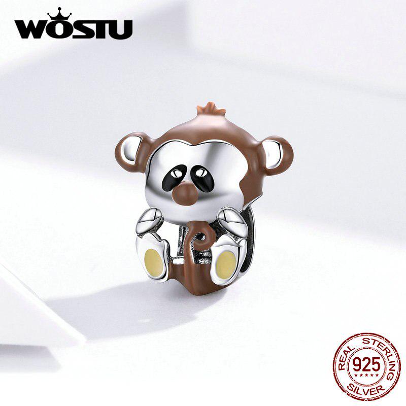 WOSTU Стерлингового Серебра 925 пробы Непослушные Обезьяна Животные Бусины Коричневые Подвески Подходит Оригинальный Браслет Ожерелье