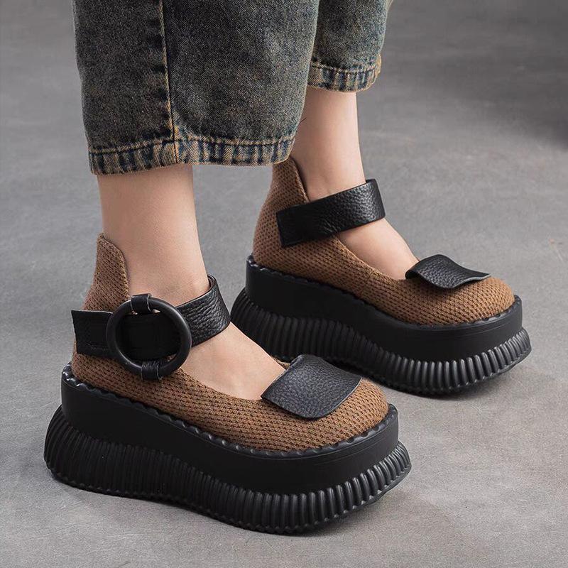 Толстая подошва Muffin Increase Round Head Fashion All Comfortable Non-Slip Дышащие Спортивные Износостойкие Женские Одиночные Туфли 35 коричневый