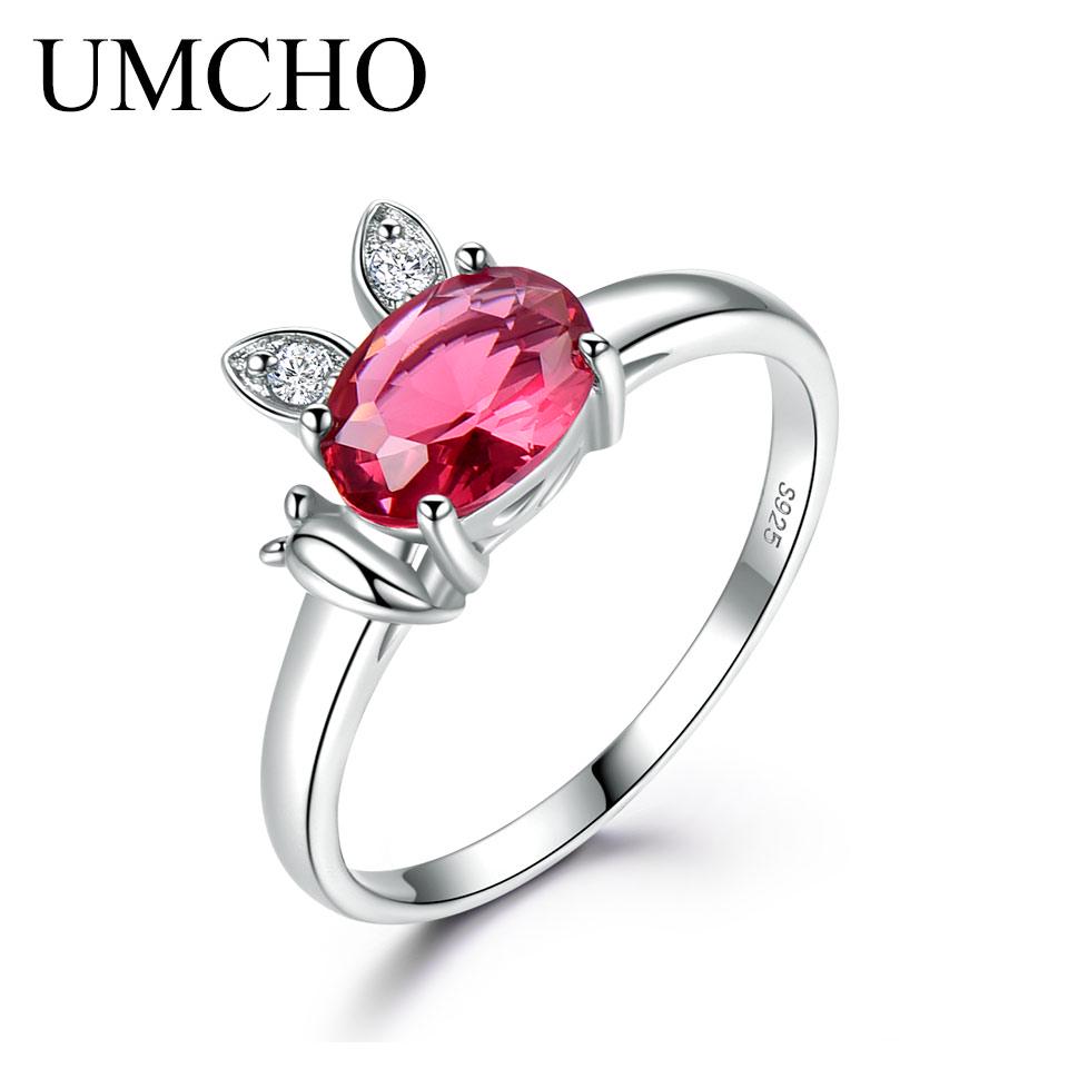 UMCHO Created Ruby Настоящее Кольцо для Женщин Красный Драгоценный Камень Обручальные Винтажные Обручальные Кольца Милый Кролик Ювелирные Изделия 6 красный