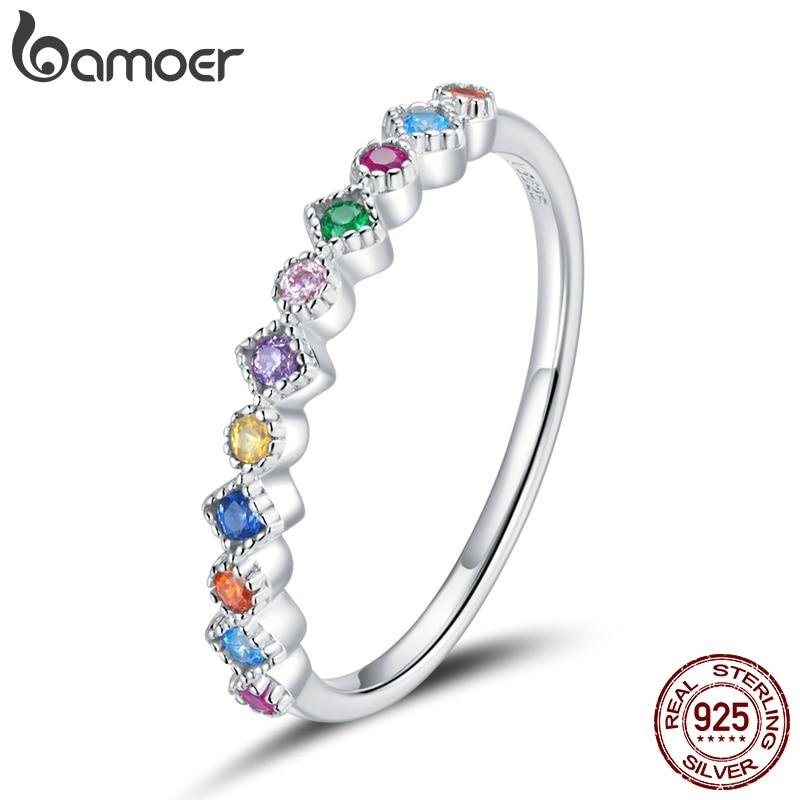 Простое кольцо BAMOER из стерлингового серебра 925 пробы для девочек, женское кольцо с кубическим цирконием (CZ) в радужном дизайне, регулируемый размер 6-8 6