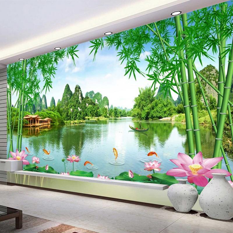 Фотообои 3D Бамбук Лотос Природа Пейзаж Фрески Гостиная Телевизор Диван Фон Настенный Декор 200 cm(W) x 140 cm(H)