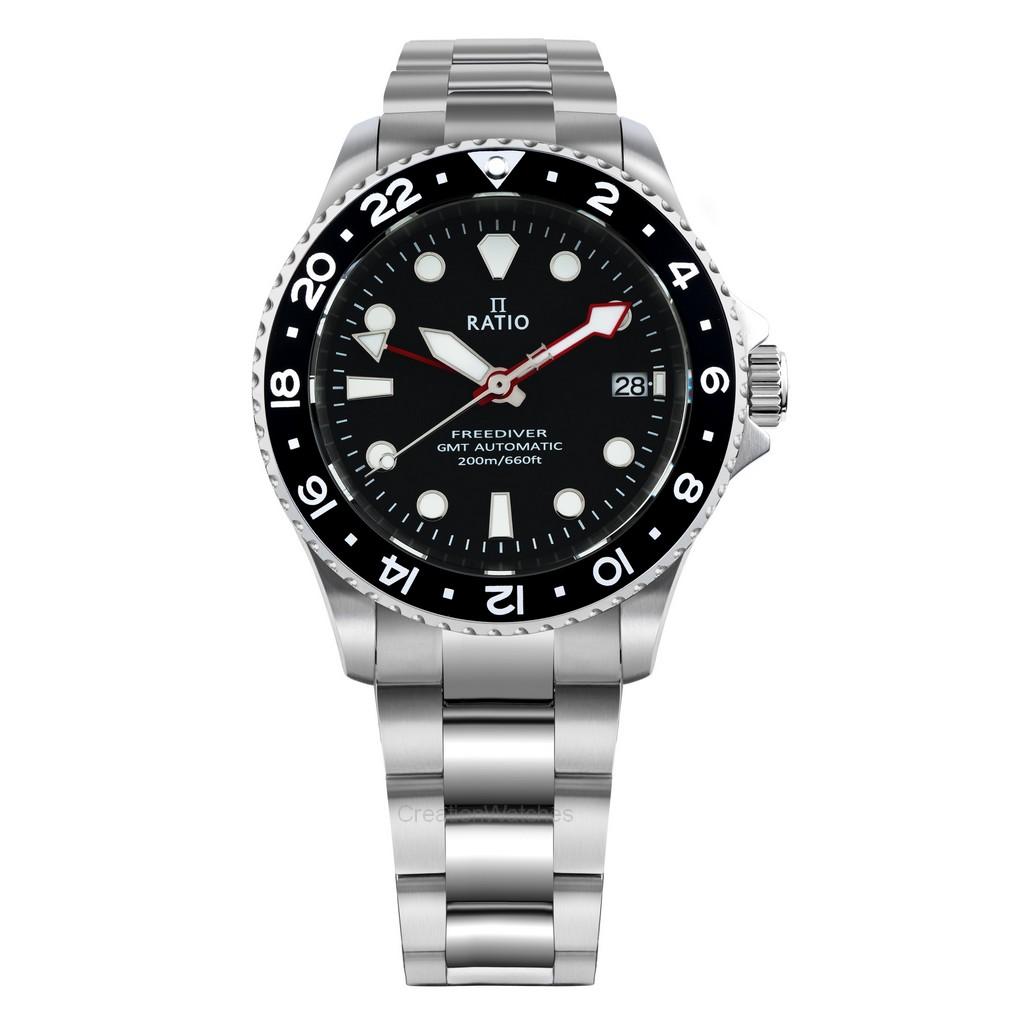 Мужские часы Ratio FreeDiver GMT Series с сапфировым стеклом из нержавеющей стали с черным циферблатом RTF051 200M чёрный