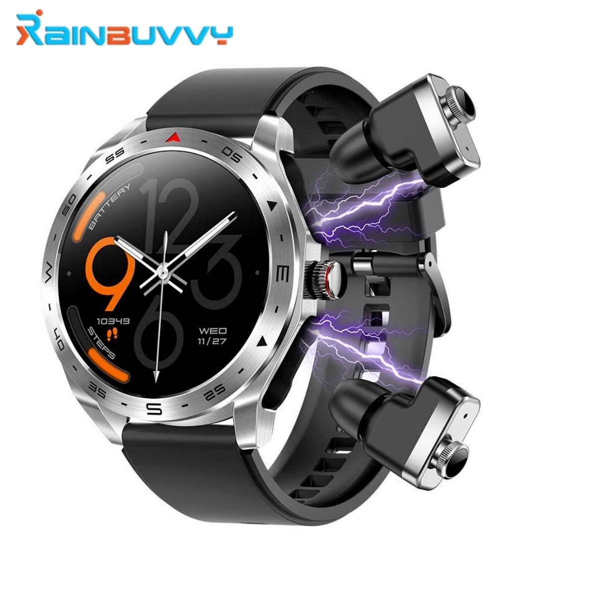 Rainbuvvy T95 TWS Смарт-часы 1,52-дюймовые беспроводные наушники Водонепроницаемые часы Монитор сна Монитор сердечного ритма калорий с местной музыкой Умный браслет чёрный