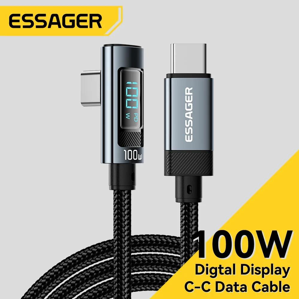 Essager PD100W Кабель USB Type C к USB C 5A Кабель для быстрой зарядки 90 ° Кабель цифрового дисплея со светодиодной подсветкой для Huawei Xiaomi Samsung MacBook 1m серый