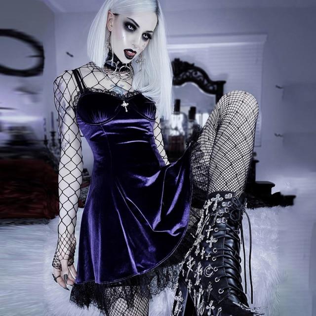 МОДА InsGoth Goth Cross Сексуальное фиолетовое платье Винтажное бархатное платье Лолита А-силуэта Эстетичные готические платья с высокой талией для клубных вечеринок S фиолетовый