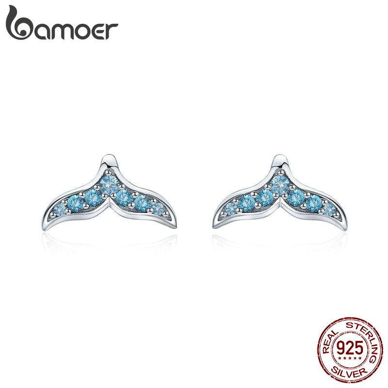 Маленькие серьги-гвоздики BAMOER из стерлингового серебра 925 пробы с синим цирконом «Рыбий хвост» для женщин