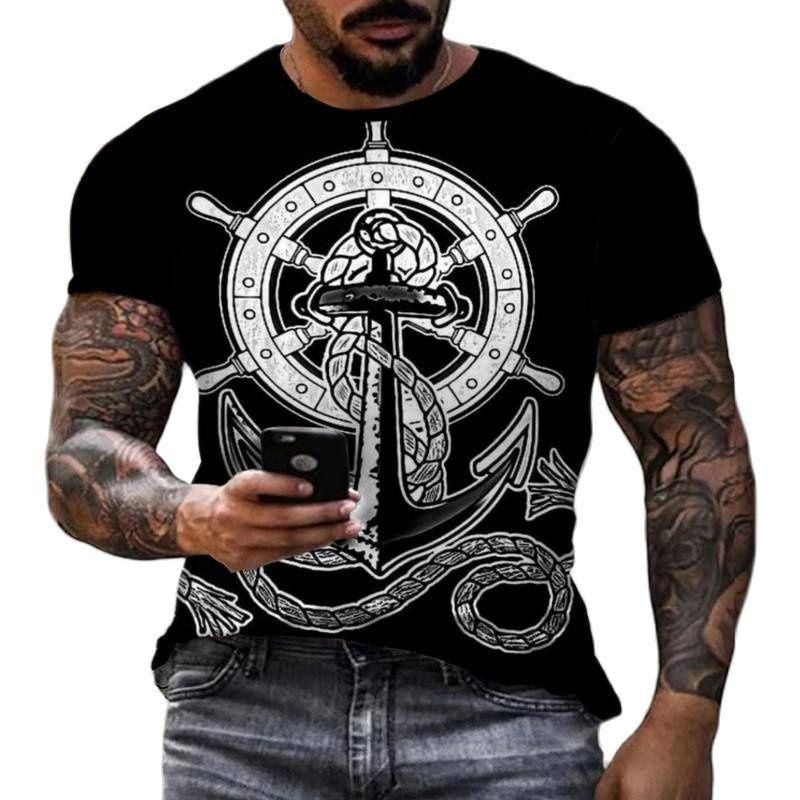 Sailor Anchor Морской принт Ретро Летняя мужская 3D HD с коротким рукавом Модная повседневная уличная футболка Harajuku с круглым вырезом Рубашка большого размера XS